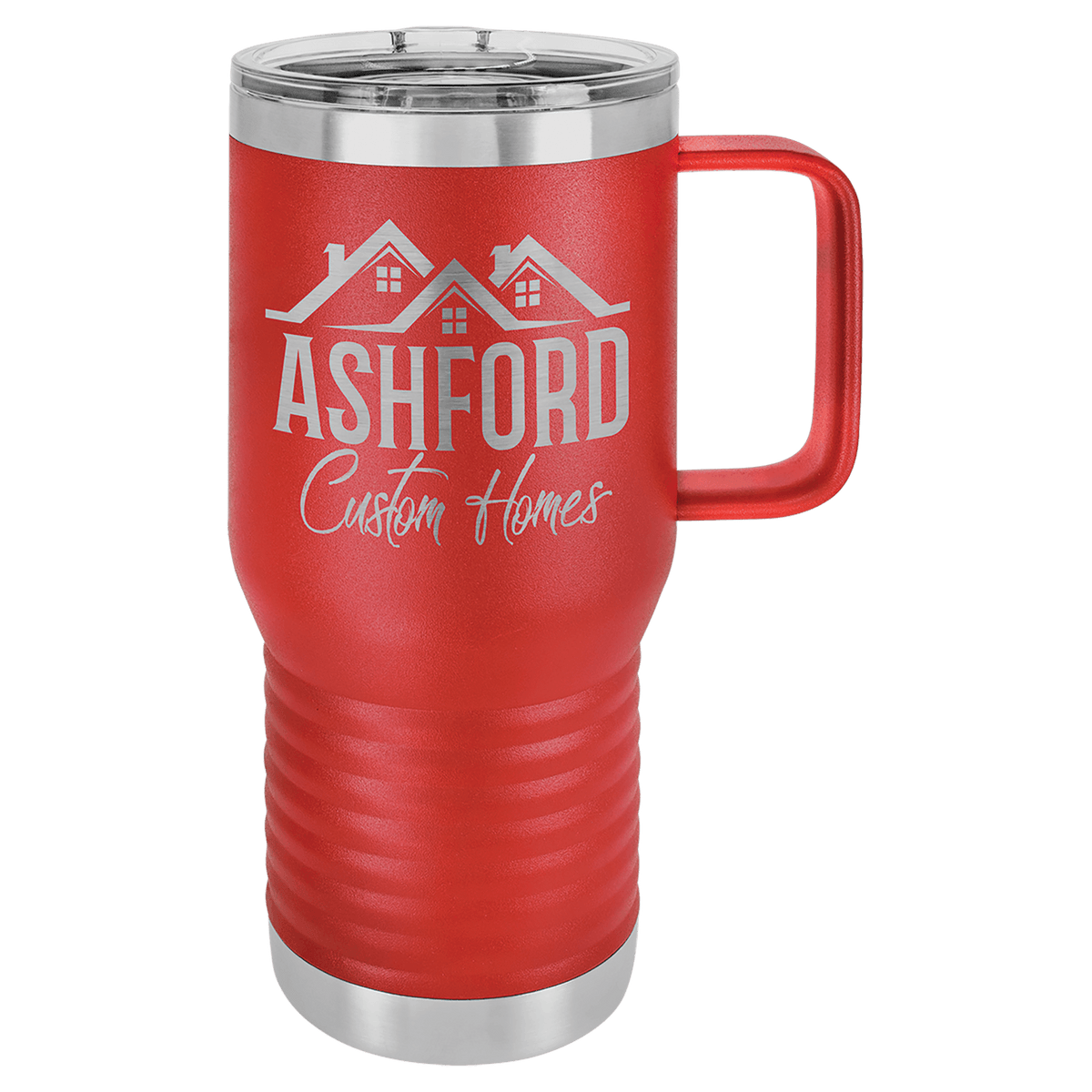 Red 20 oz insulated travel mug with slider lid, ready for custom laser engraving