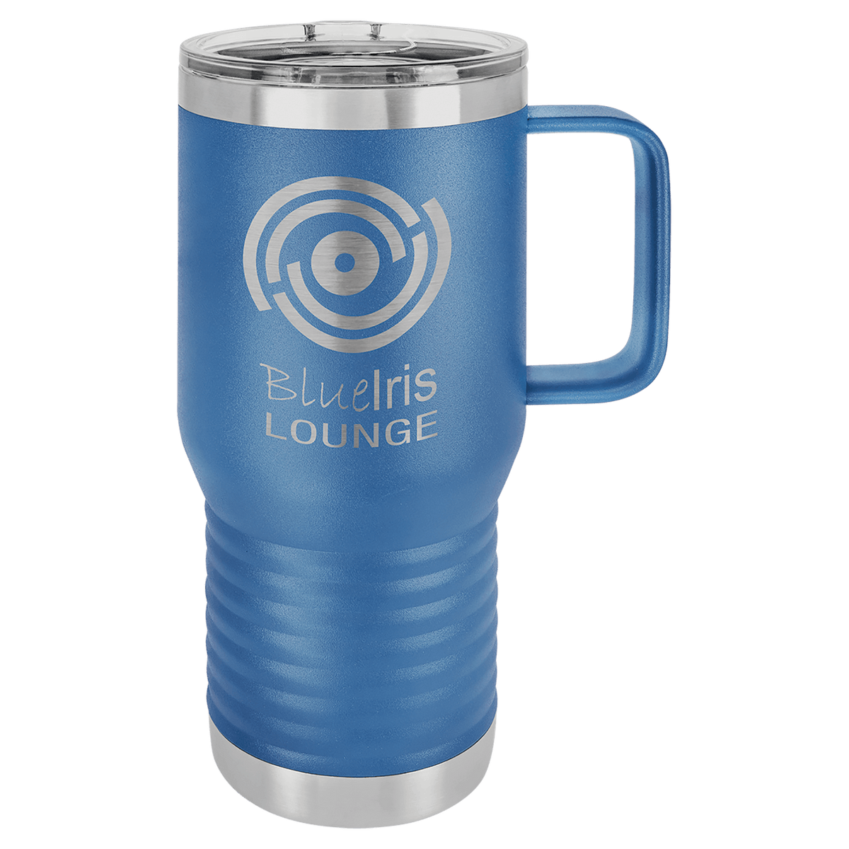 Royal Blue 20 oz insulated travel mug with slider lid, ready for custom laser engraving