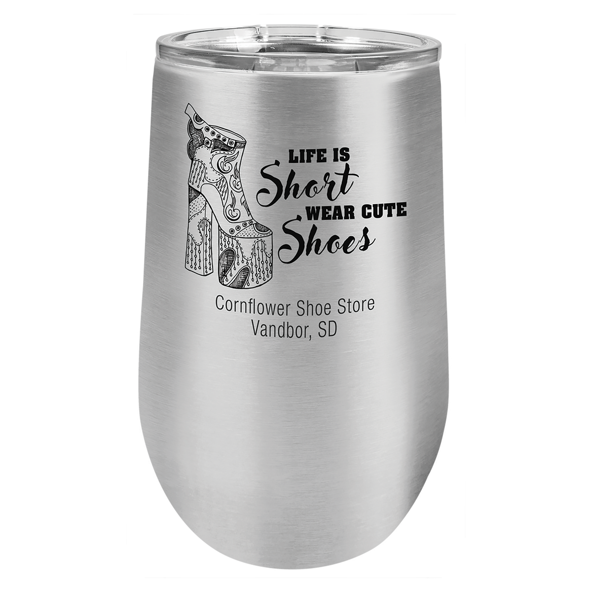 Stainless 16 oz insulated stemless wine tumbler with lid, ready for custom laser engraving