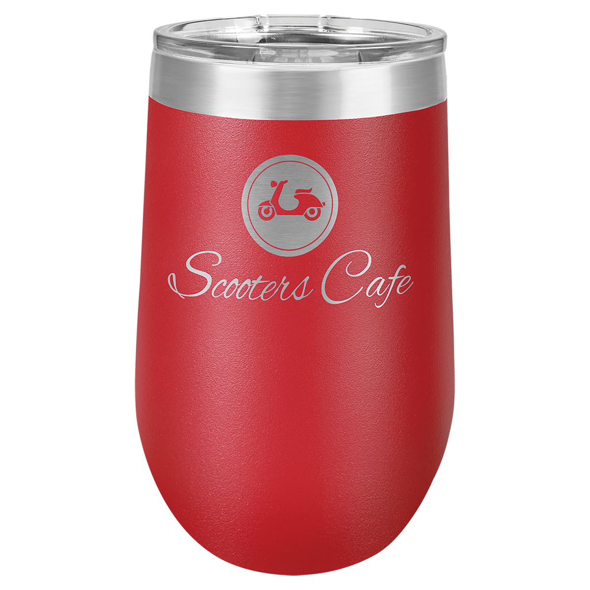 Red 16 oz insulated stemless wine tumbler with lid, ready for custom laser engraving