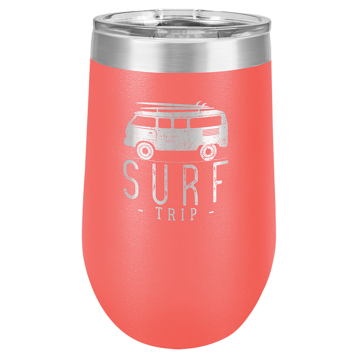 Coral 16 oz insulated stemless wine tumbler with lid, ready for custom laser engraving
