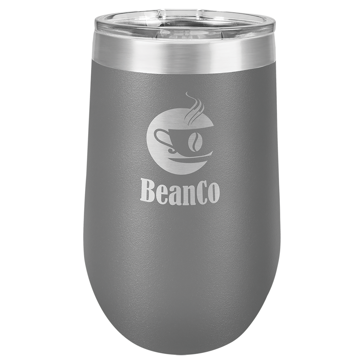 Dark Gray 16 oz insulated stemless wine tumbler with lid, ready for custom laser engraving