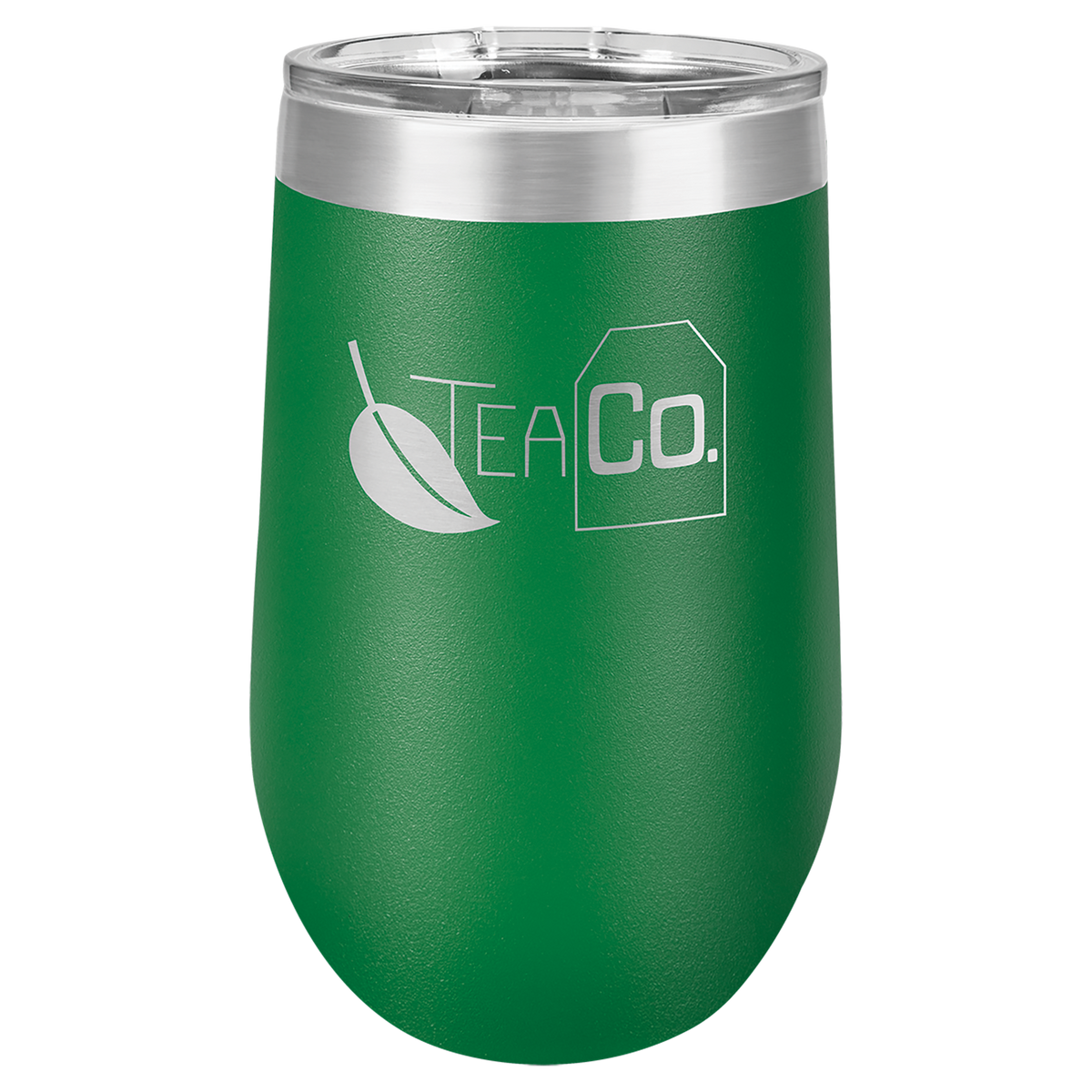 Green 16 oz insulated stemless wine tumbler with lid, ready for custom laser engraving