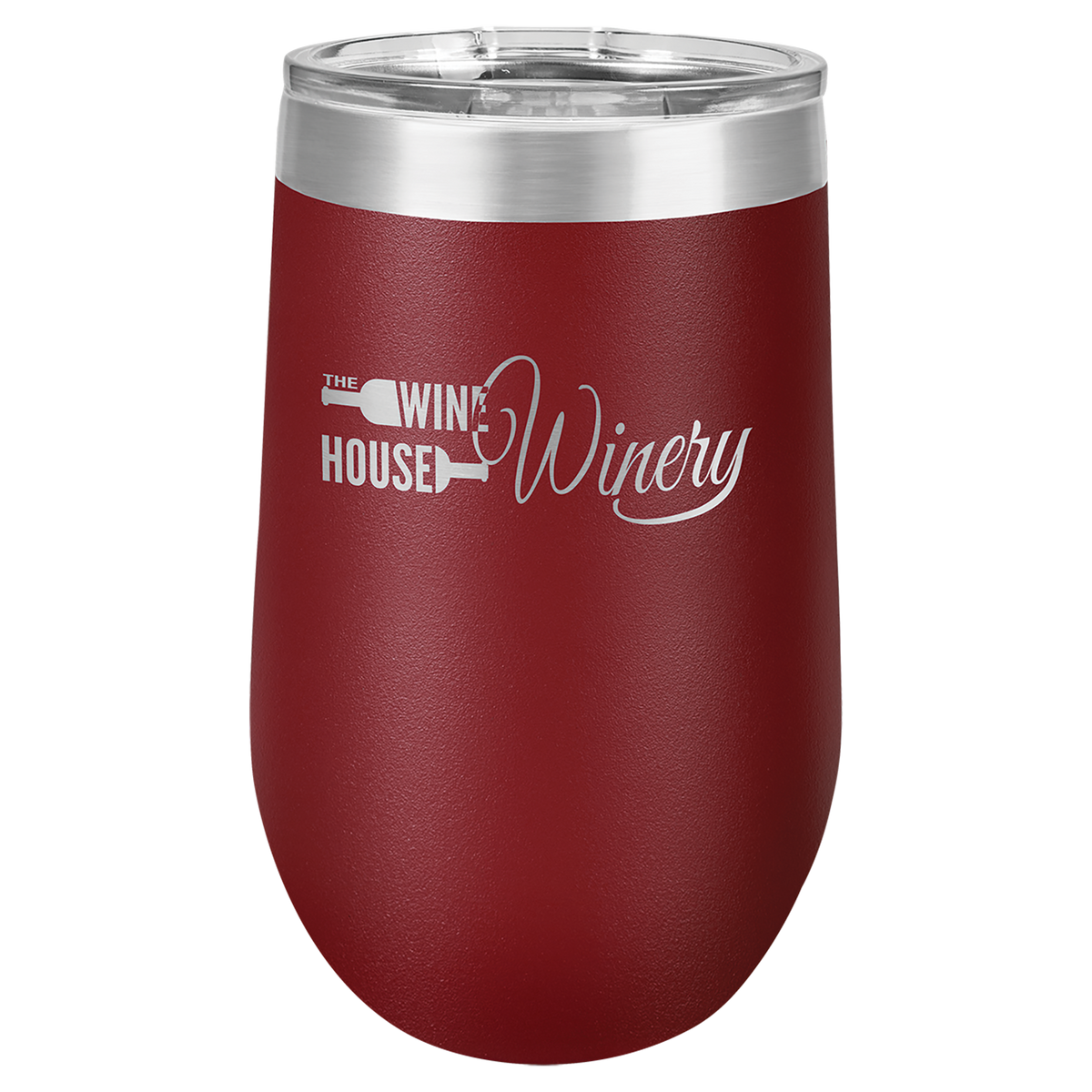 Maroon 16 oz insulated stemless wine tumbler with lid, ready for custom laser engraving