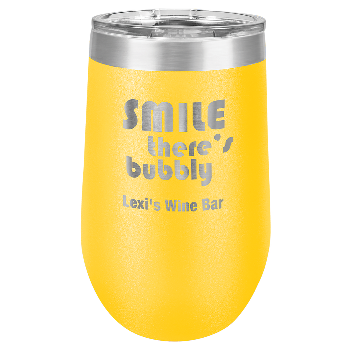 Yellow 16 oz insulated stemless wine tumbler with lid, ready for custom laser engraving