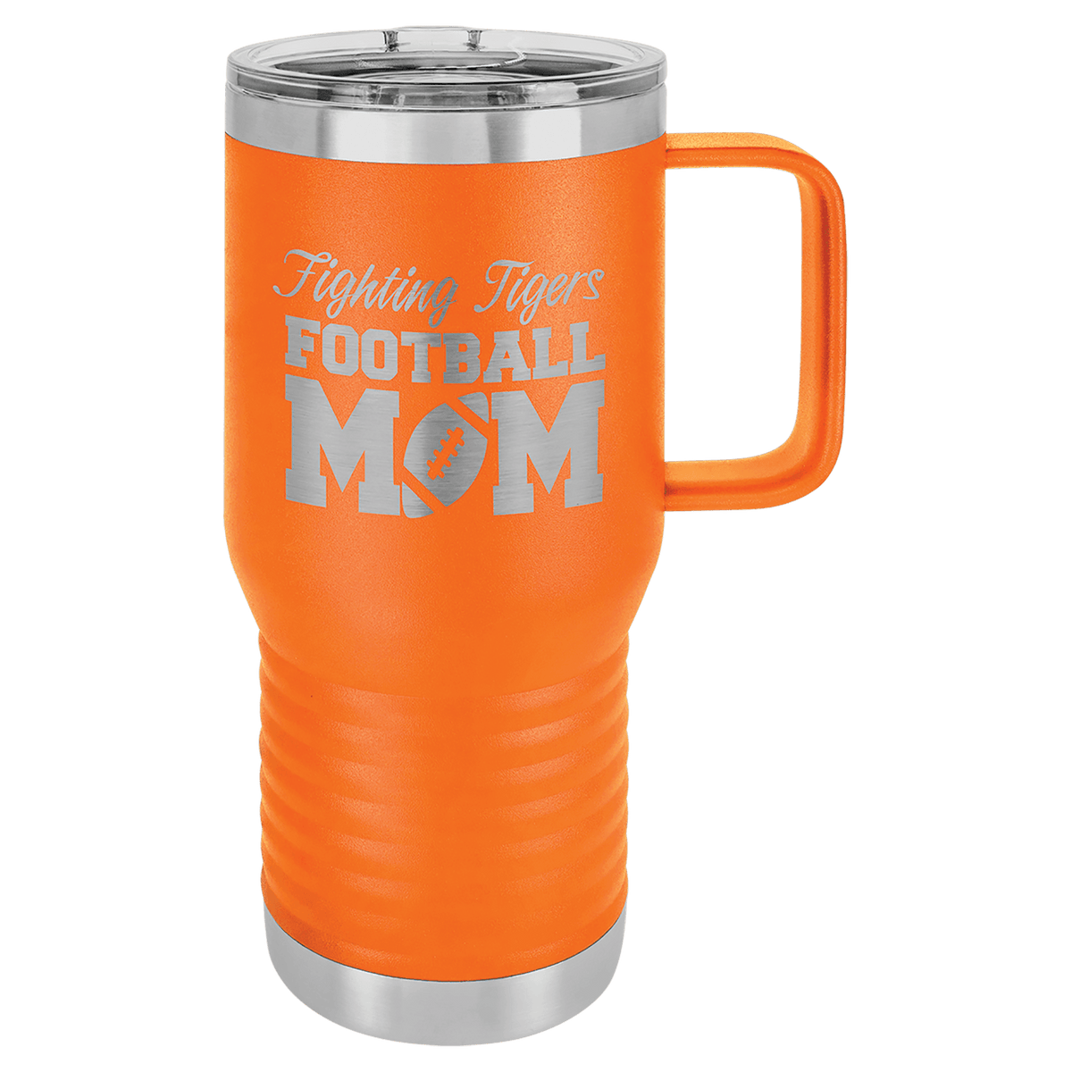 Orange 20 oz insulated travel mug with slider lid, ready for custom laser engraving