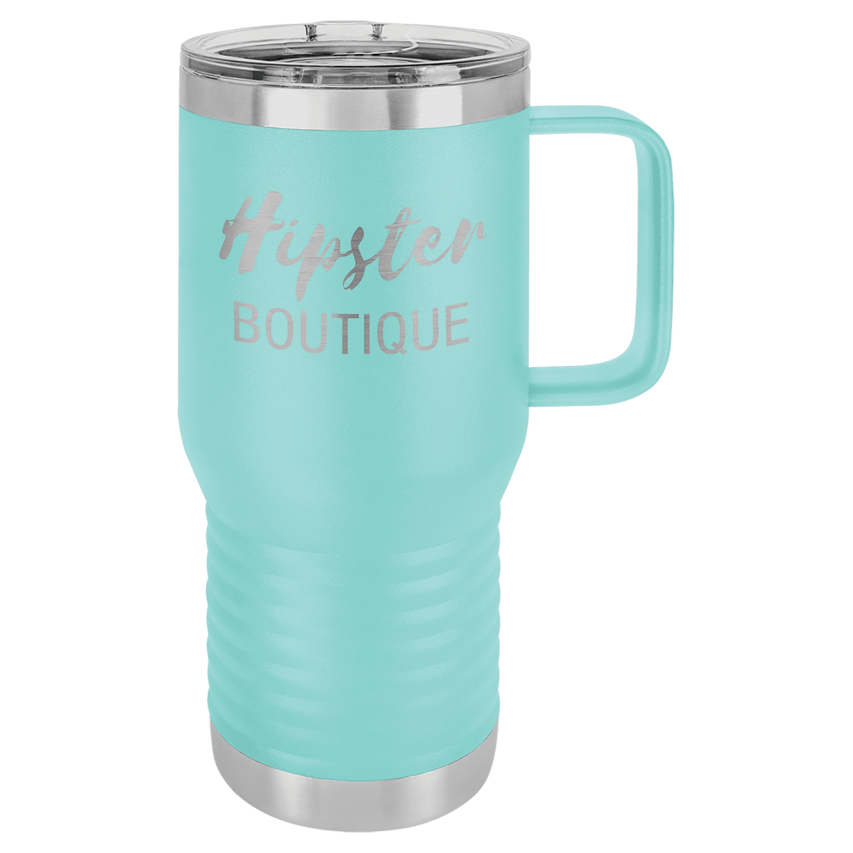 Teal 20 oz insulated travel mug with slider lid, ready for custom laser engraving