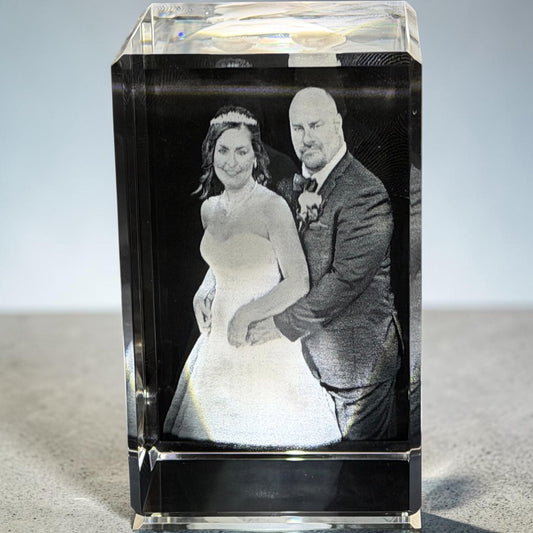 3D crystal rectangle with a laser engraved wedding photo