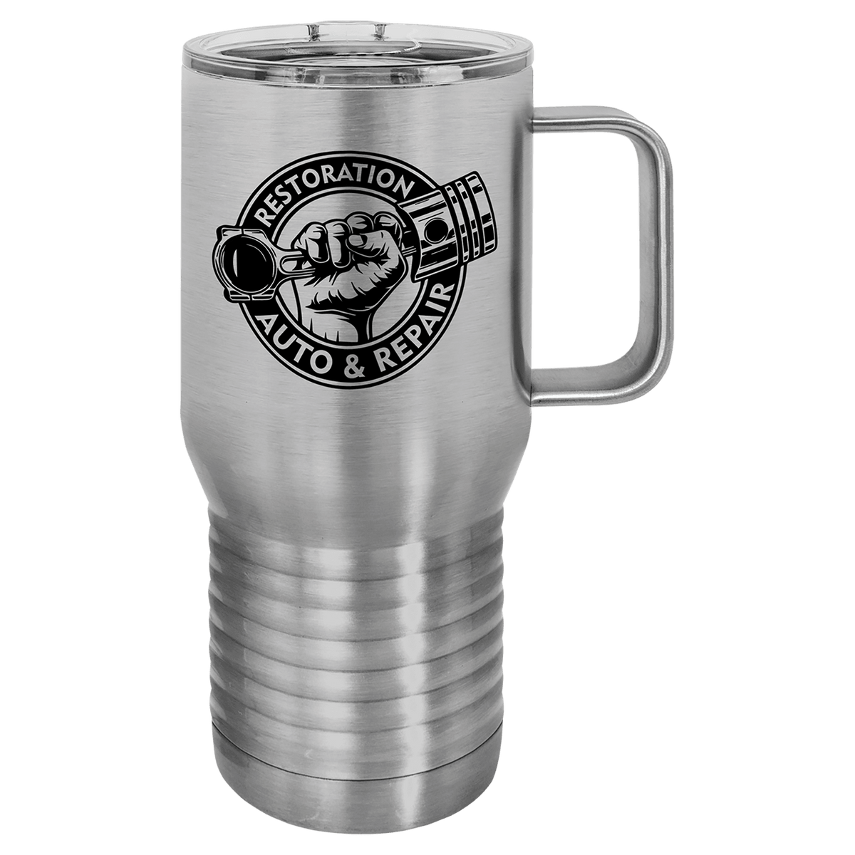 Stainless 20 oz insulated travel mug with slider lid, ready for custom laser engraving
