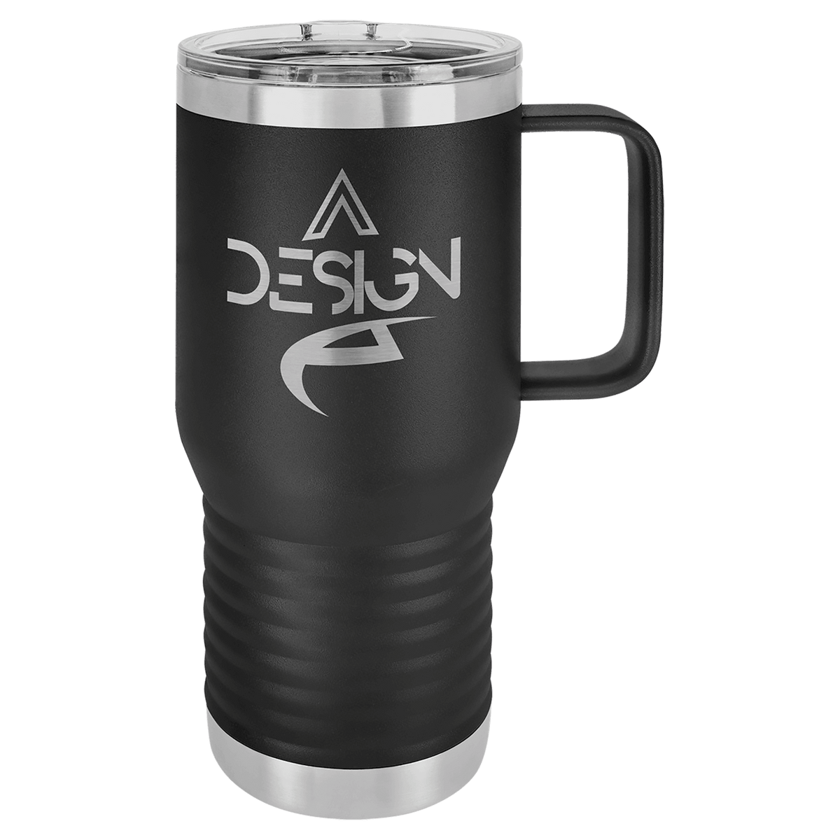 Black 20 oz insulated travel mug with slider lid, ready for custom laser engraving