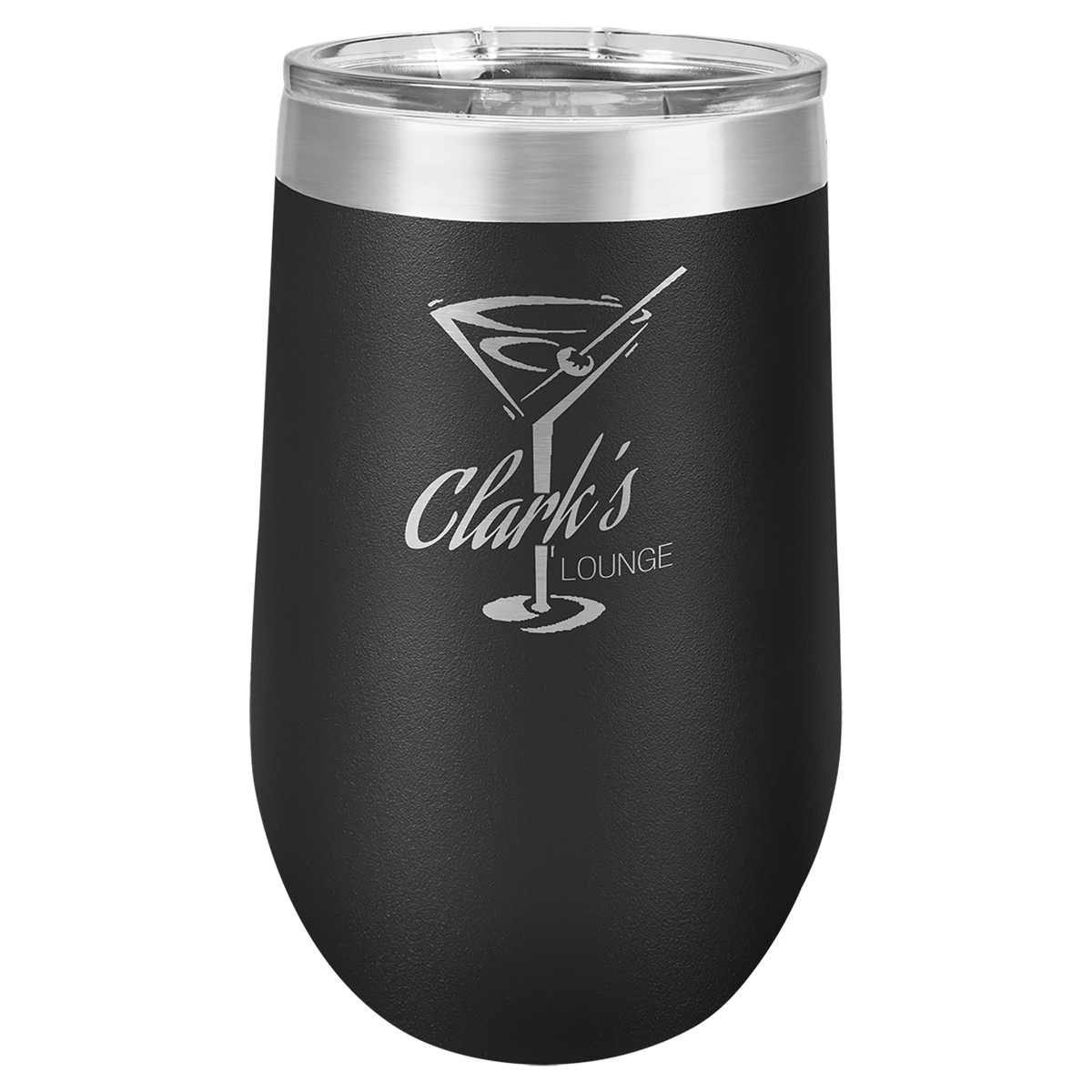 Black 16 oz insulated stemless wine tumbler with lid, ready for custom laser engraving