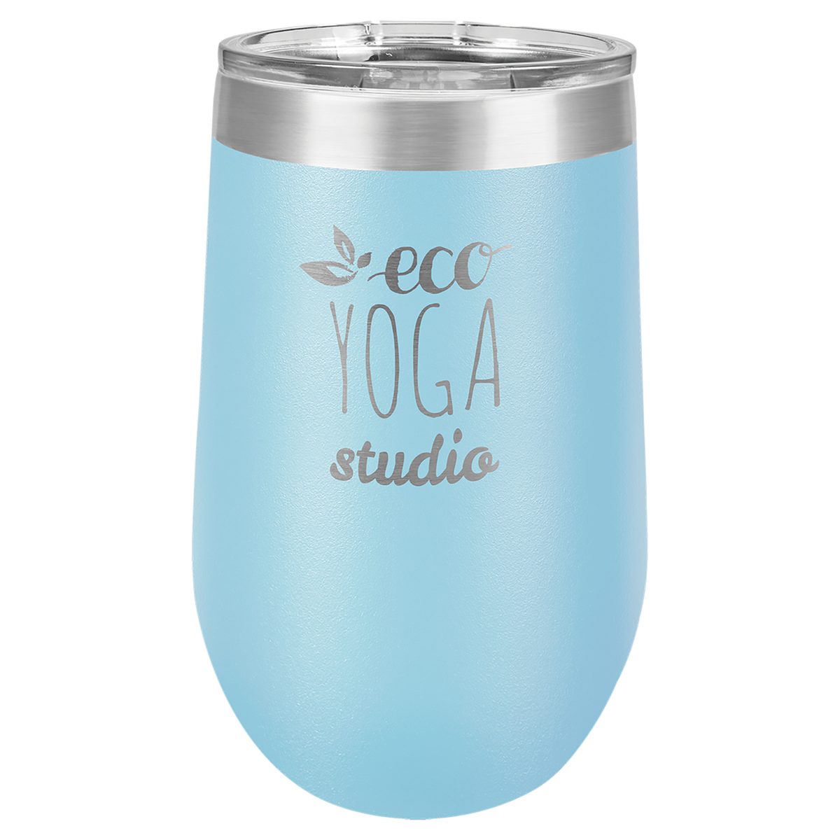 Light Blue 16 oz insulated stemless wine tumbler with lid, ready for custom laser engraving