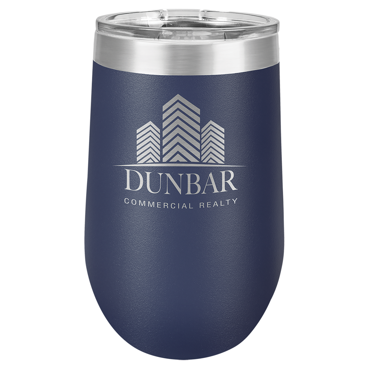 Navy Blue 16 oz insulated stemless wine tumbler with lid, ready for custom laser engraving
