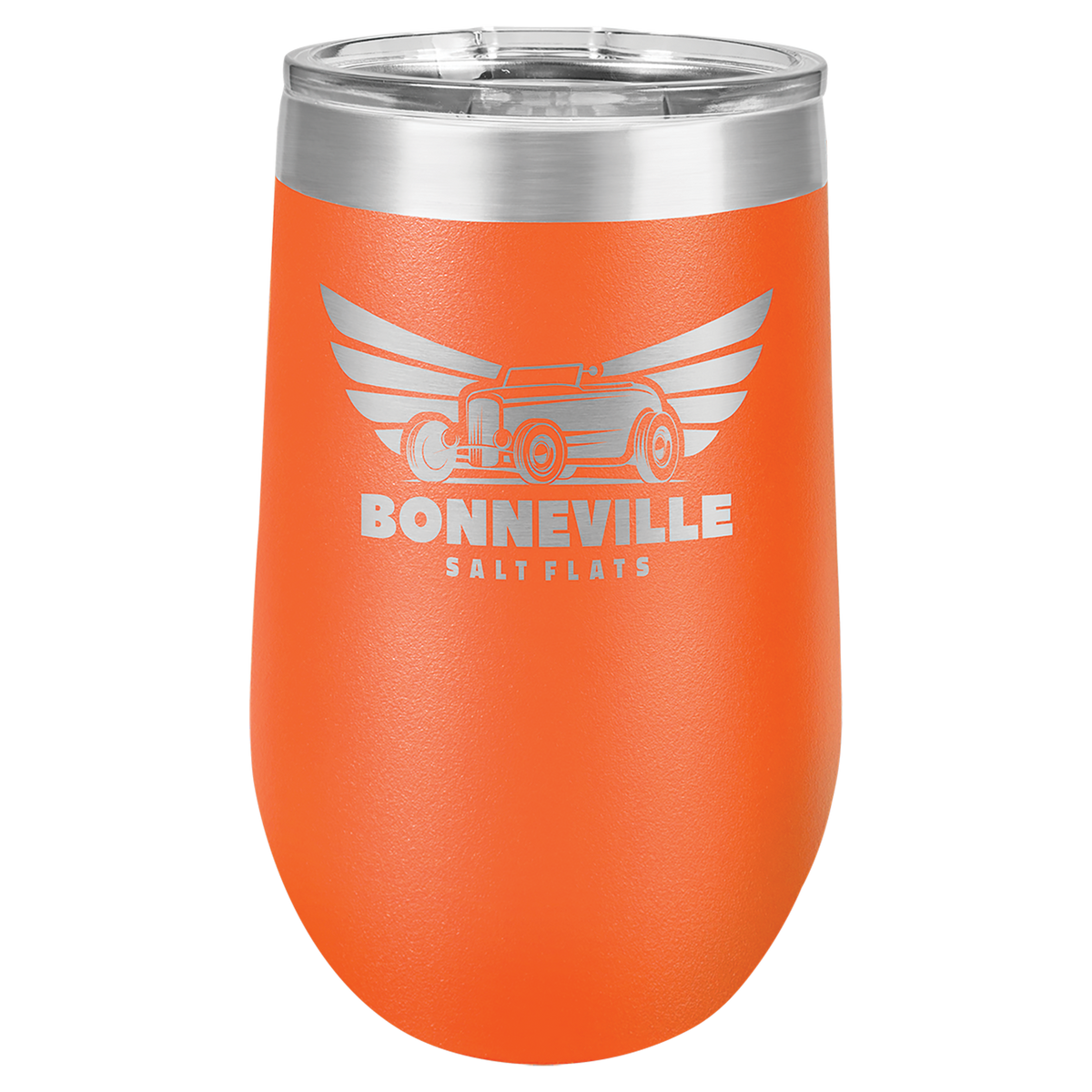 Orange 16 oz insulated stemless wine tumbler with lid, ready for custom laser engraving