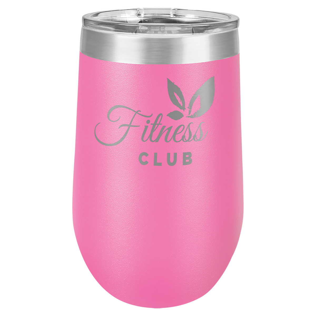 Pink 16 oz insulated stemless wine tumbler with lid, ready for custom laser engraving