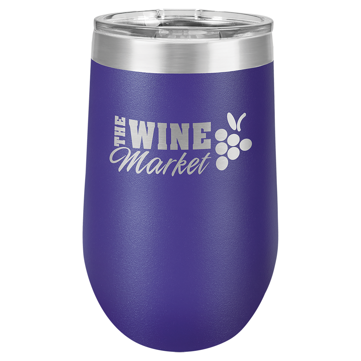 Purple 16 oz insulated stemless wine tumbler with lid, ready for custom laser engraving