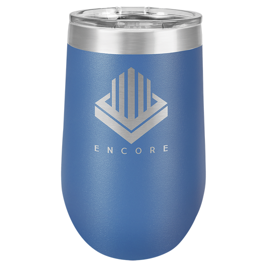 Royal Blue 16 oz insulated stemless wine tumbler with lid, ready for custom laser engraving