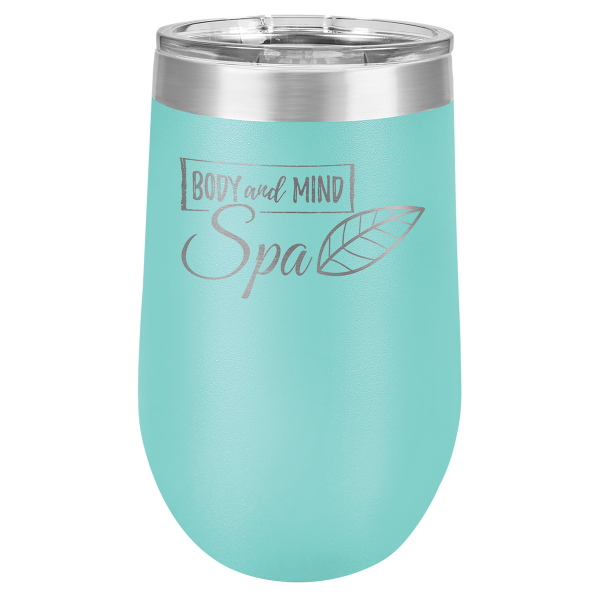 Teal 16 oz insulated stemless wine tumbler with lid, ready for custom laser engraving