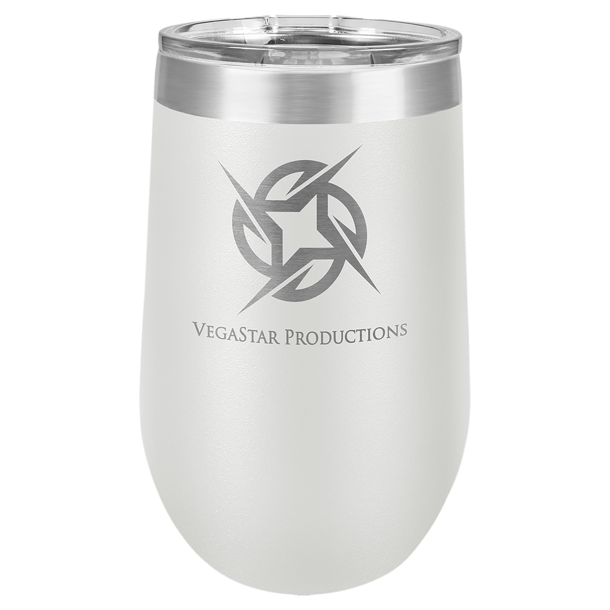 White 16 oz insulated stemless wine tumbler with lid, ready for custom laser engraving