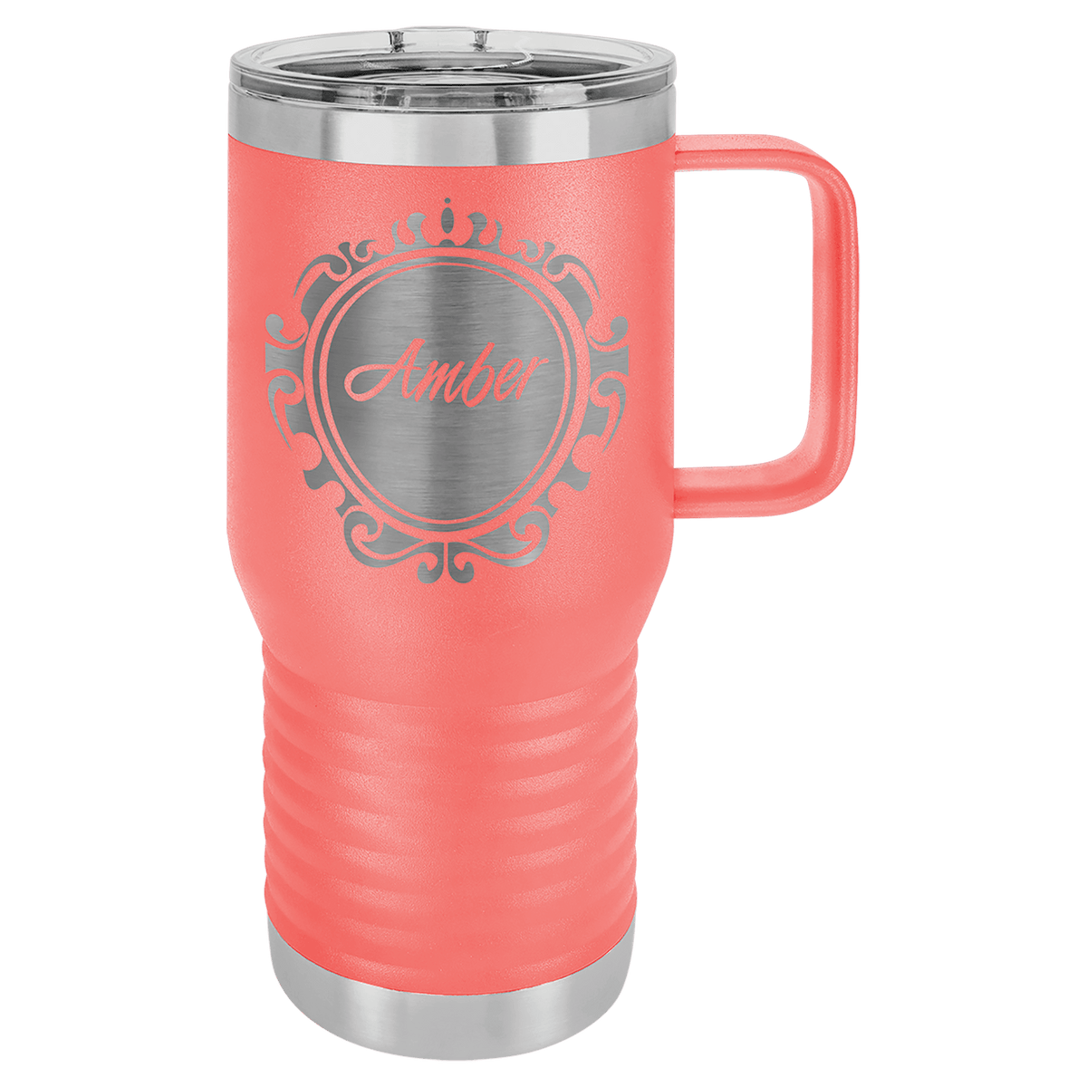 Coral 20 oz insulated travel mug with slider lid, ready for custom laser engraving