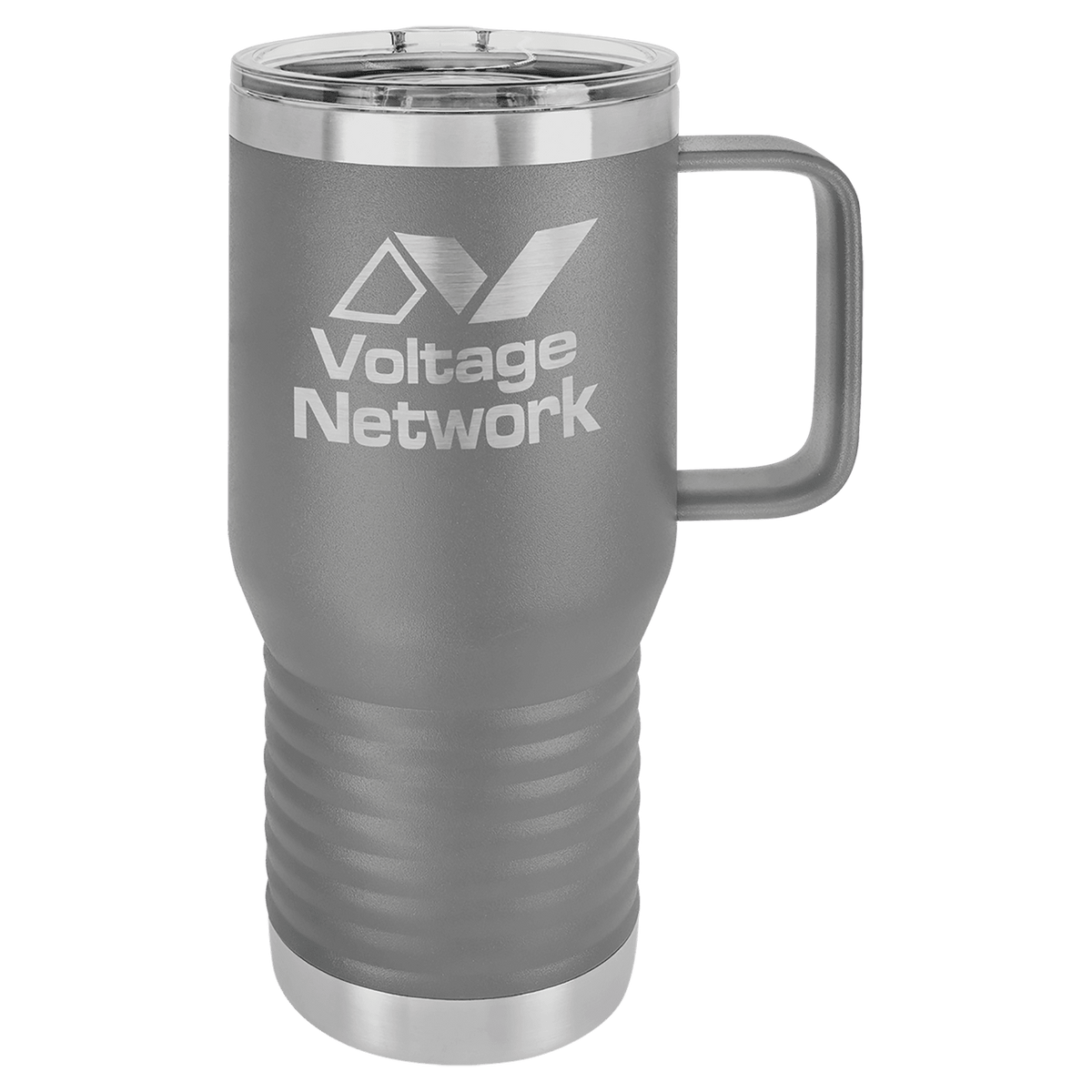 Dark Gray 20 oz insulated travel mug with slider lid, ready for custom laser engraving