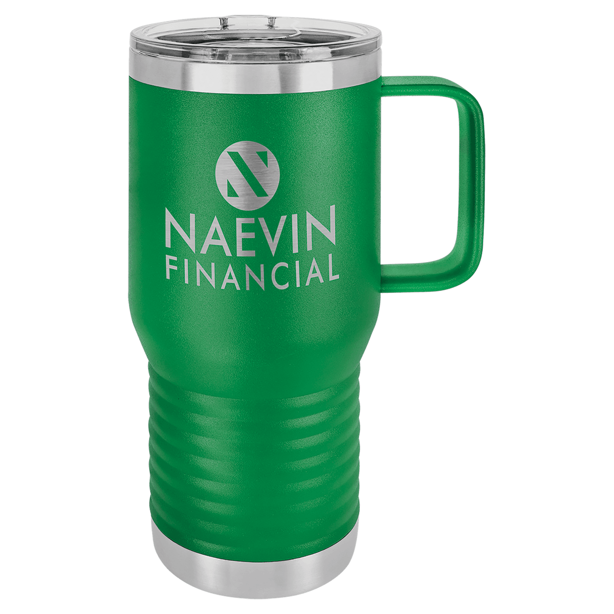 Green 20 oz insulated travel mug with slider lid, ready for custom laser engraving