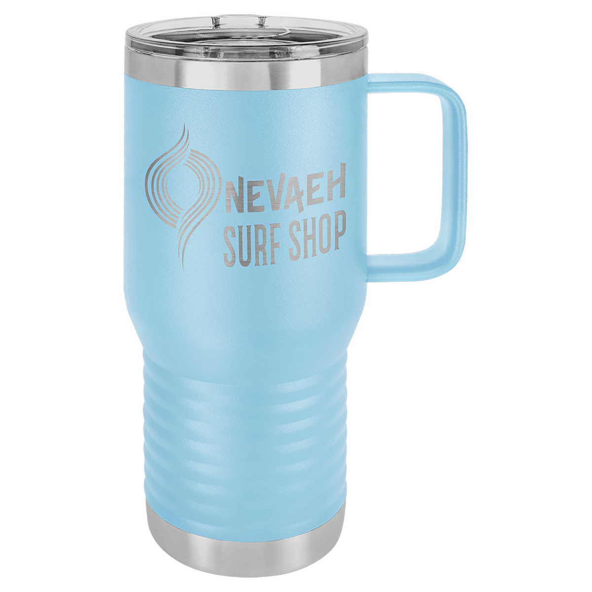 Light Blue 20 oz insulated travel mug with slider lid, ready for custom laser engraving