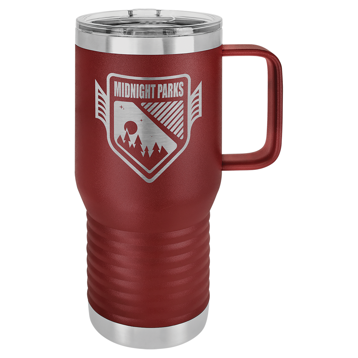 Maroon 20 oz insulated travel mug with slider lid, ready for custom laser engraving