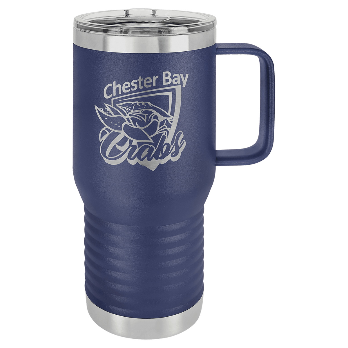 Navy Blue 20 oz insulated travel mug with slider lid, ready for custom laser engraving