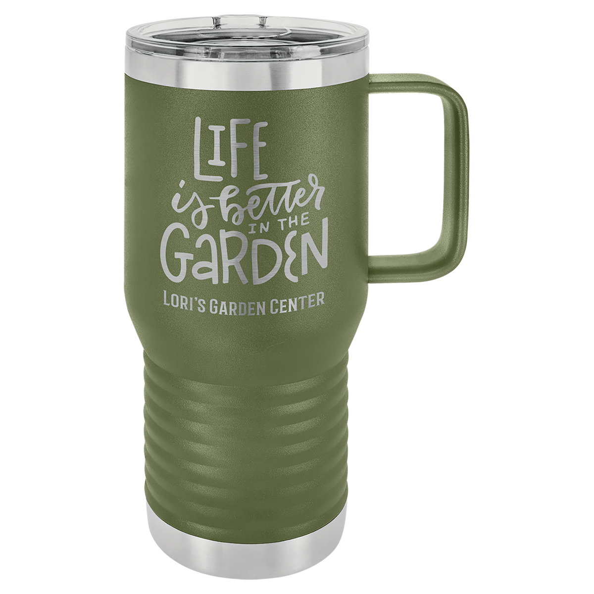 Olive Green 20 oz insulated travel mug with slider lid, ready for custom laser engraving