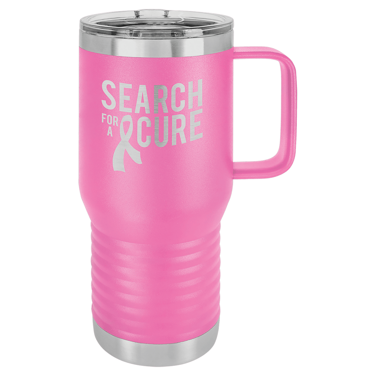 Pink 20 oz insulated travel mug with slider lid, ready for custom laser engraving