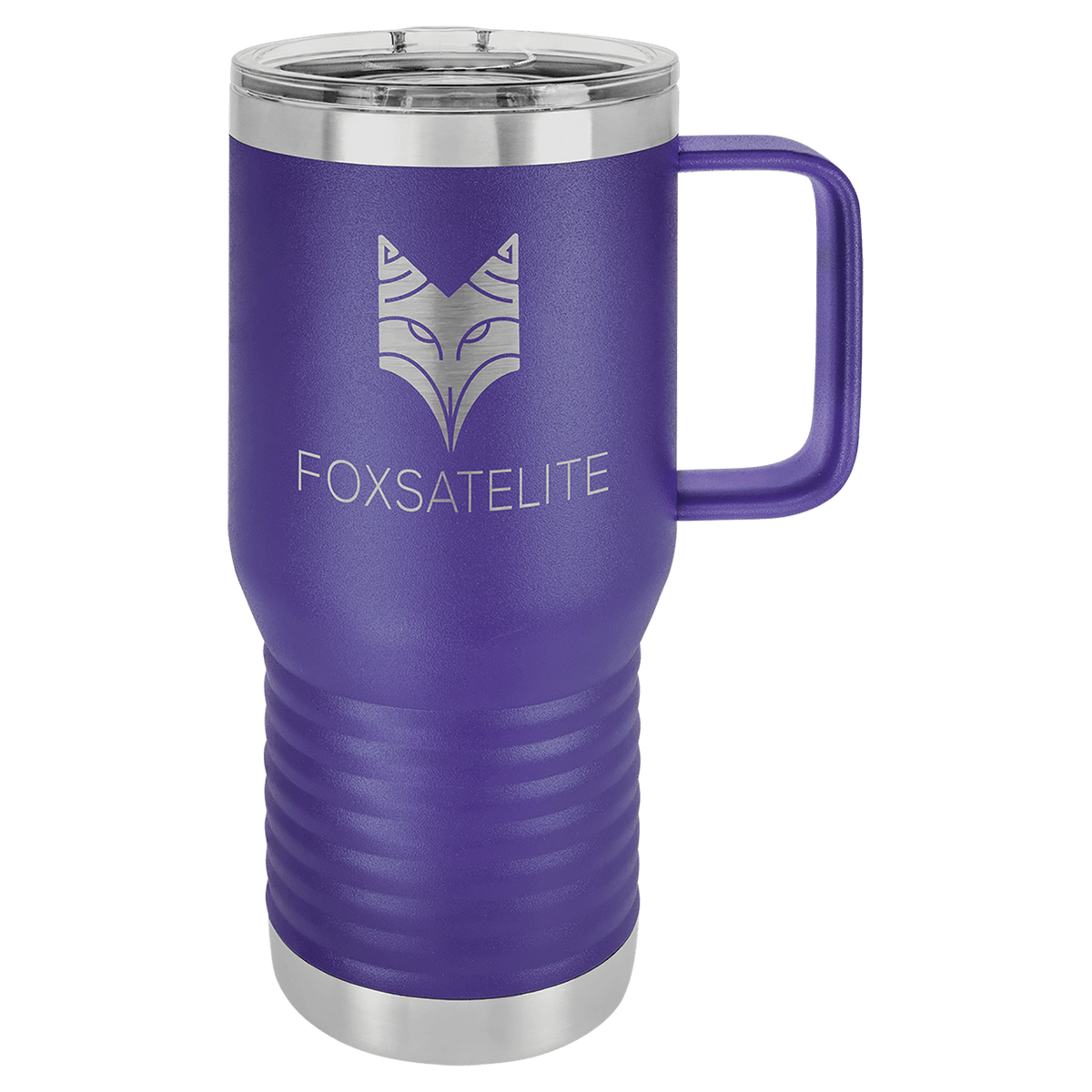 Purple 20 oz insulated travel mug with slider lid, ready for custom laser engraving