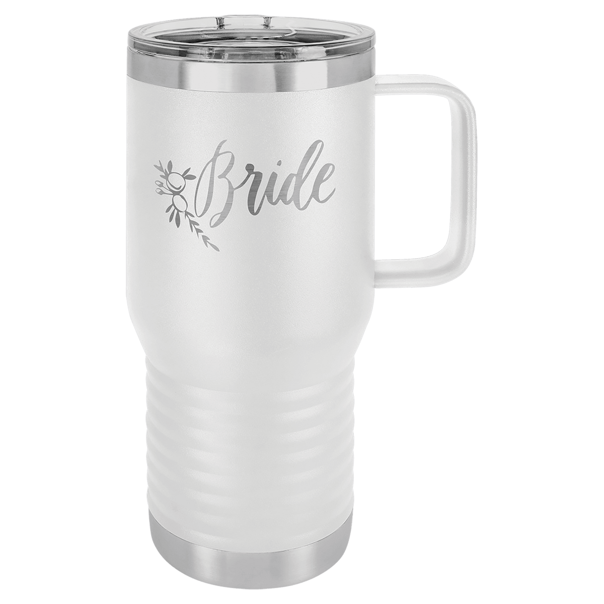 White 20 oz insulated travel mug with slider lid, ready for custom laser engraving