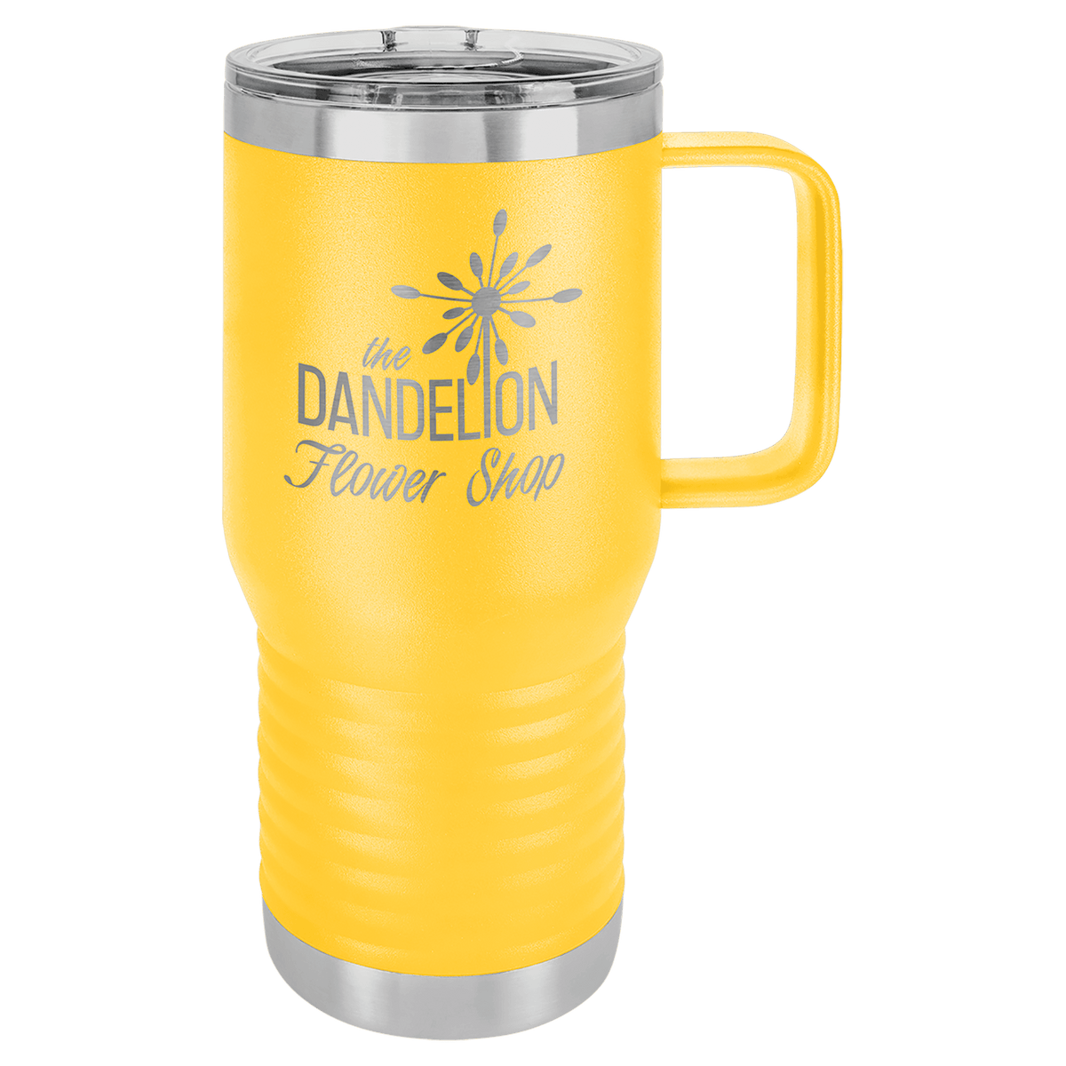 Yellow 20 oz insulated travel mug with slider lid, ready for custom laser engraving